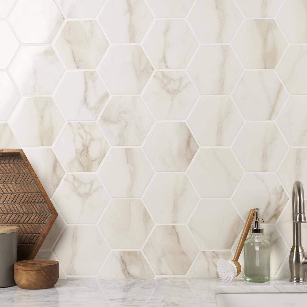 Santorini 6" Hexagon Polished Porcelain Marble-Look Tile