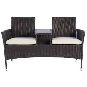 Brown PE Rattan Wicker Outdoor Loveseat with Beige Cushions and Glass Table