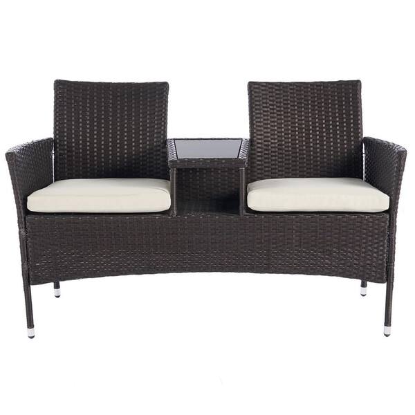 GAWEZA Brown PE Rattan Wicker Outdoor Loveseat with Beige Cushions and Glass Table