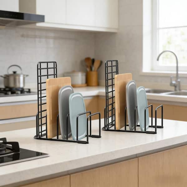 Metal Cutting Board Organizer and Baking Sheet Rack for Cabinet Cutting Board Storage and Plate Holder, Black (2-Pack)