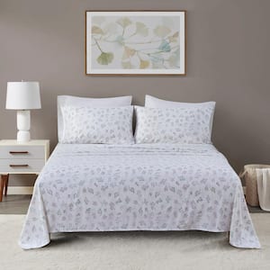 Oversized Cotton Flannel 4-Piece White Tossed Botanical Queen Sheet Set