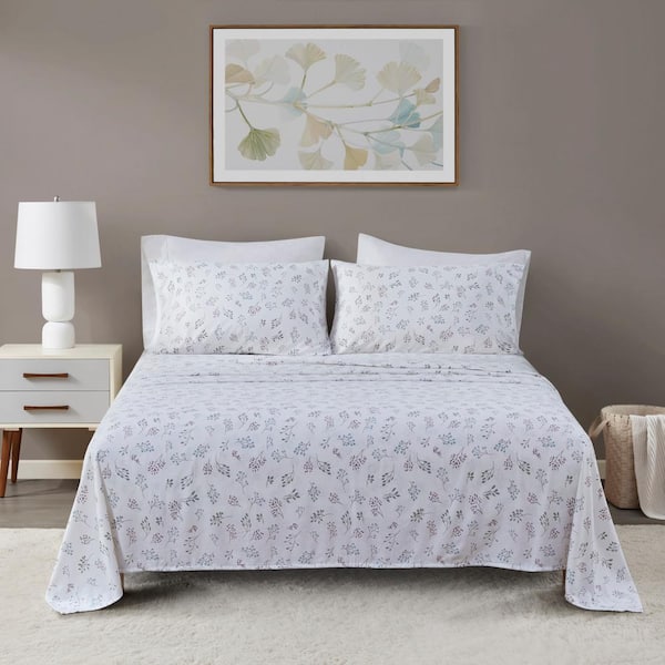 Oversized Cotton Flannel 4-Piece White Tossed Botanical King Sheet Set