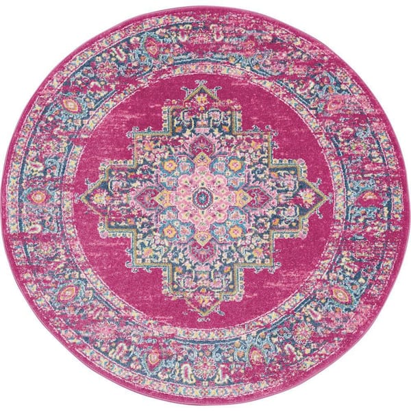 Passion Fuchsia 8 ft. x 8 ft. Bordered Transitional Round Rug