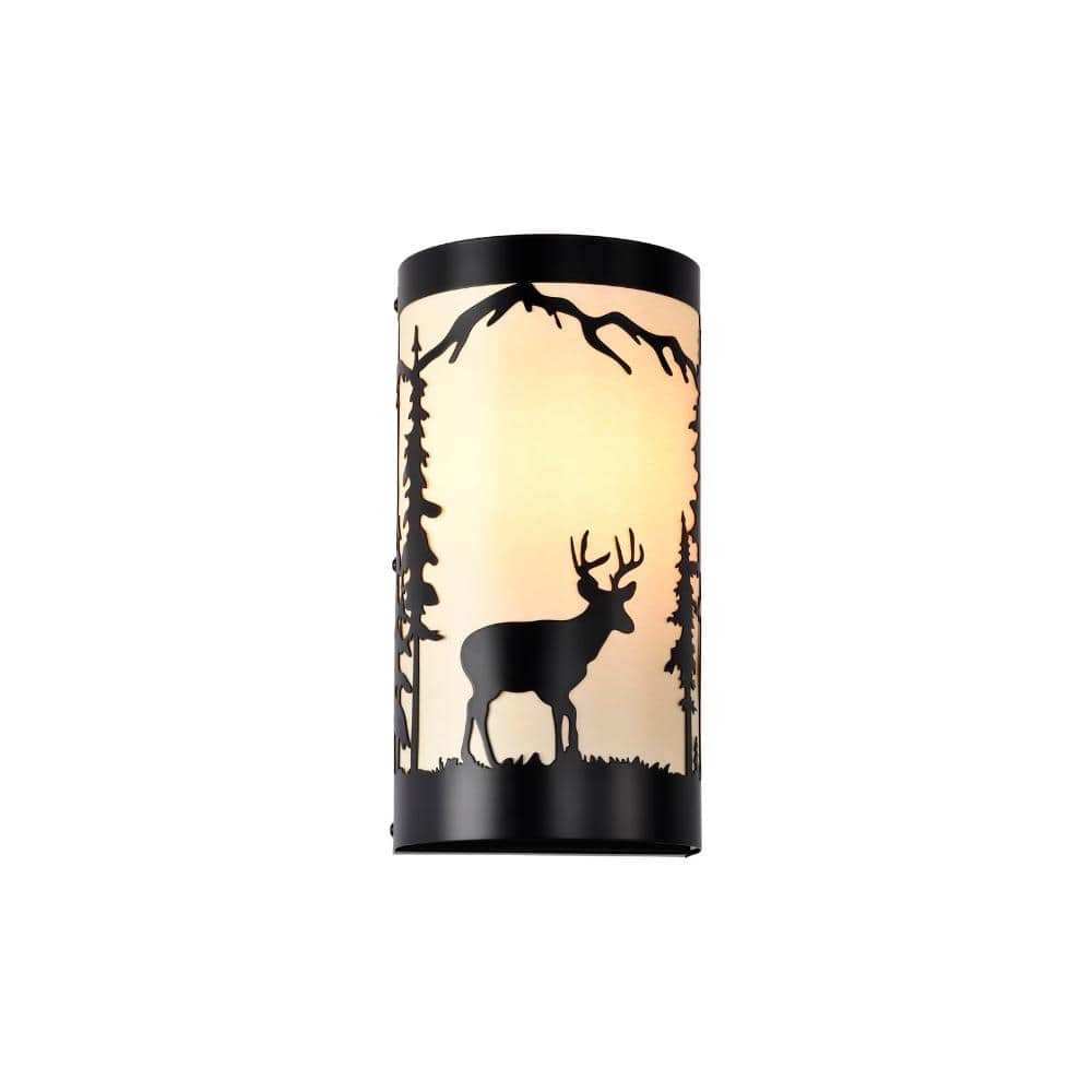 Rustic Deer Indoor Wall Sconce, Matte Black Metal, Cream White Parchment Shade, E26 Base, 12 in. High price history on PriceWatchPro