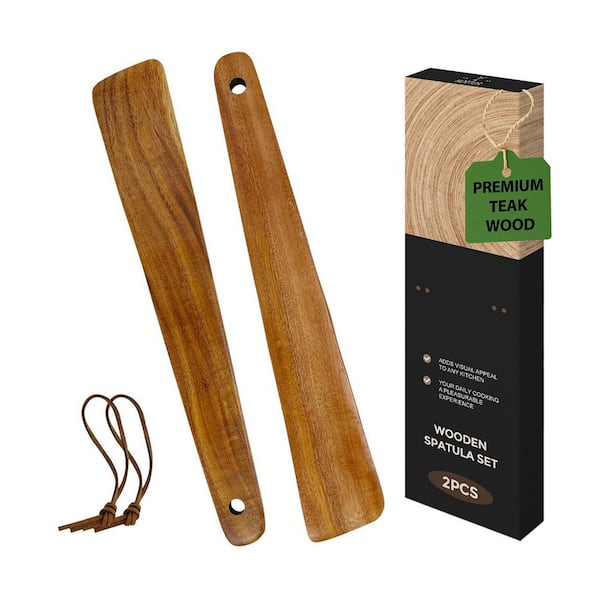 2-Piece Natural Teak Wood Flat Spatula Set Eco-Friendly Nonstick Safe Ergonomic Kitchen Utensil Accessory