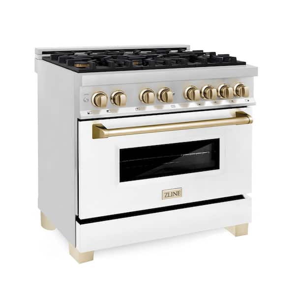 ZLINE Kitchen and Bath Autograph Edition 36 in. 6 Burner Dual Fuel Range in Stainless Steel, White Matte and Polished Gold