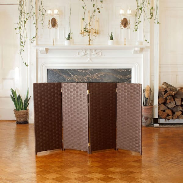 Oriental Furniture 3 ft. Short Woven Fiber Folding Screen - 4 Panel - Dark Mocha