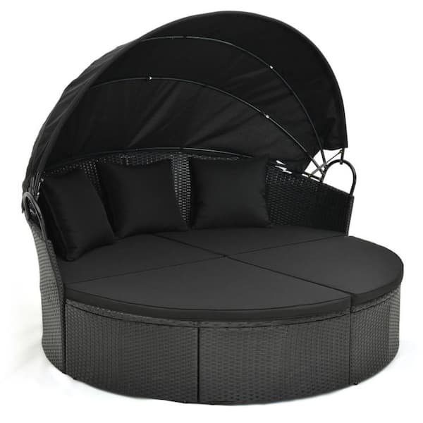 Black Rattan Wicker Outdoor Patio Round Day Bed with Retractable Canopy and Black Cushions
