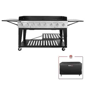 8-Burner Event Propane Gas Grill in Black with 2 Folding Side Tables with Cover