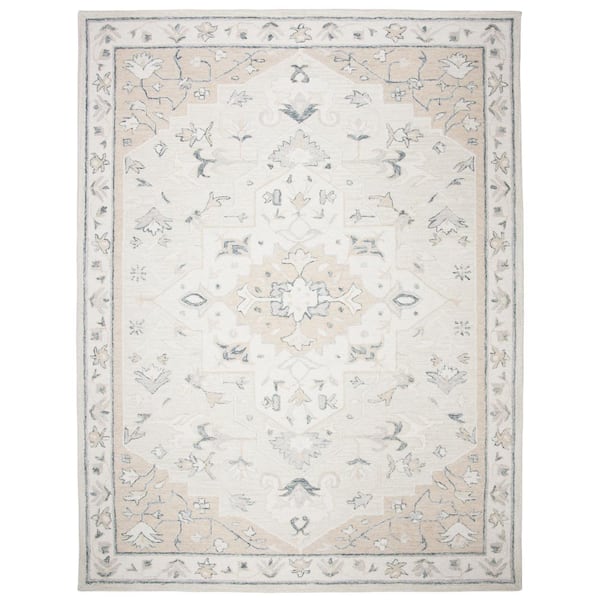 SAFAVIEH Micro-Loop Beige/Ivory 10 ft. x 14 ft. Medallion Border Area Rug