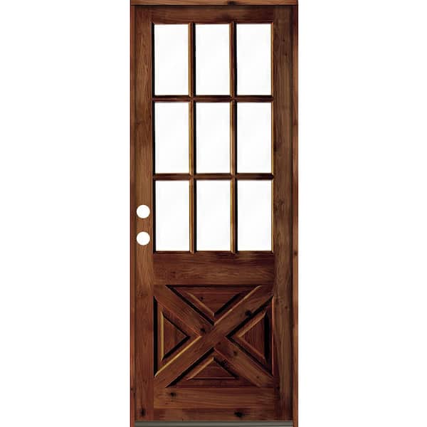 Krosswood Doors 36 in. x 96 in. Knotty Alder Right-Hand/Inswing X-Panel 1/2 Lite Clear Glass Red Chestnut Stain Wood Prehung Front Door