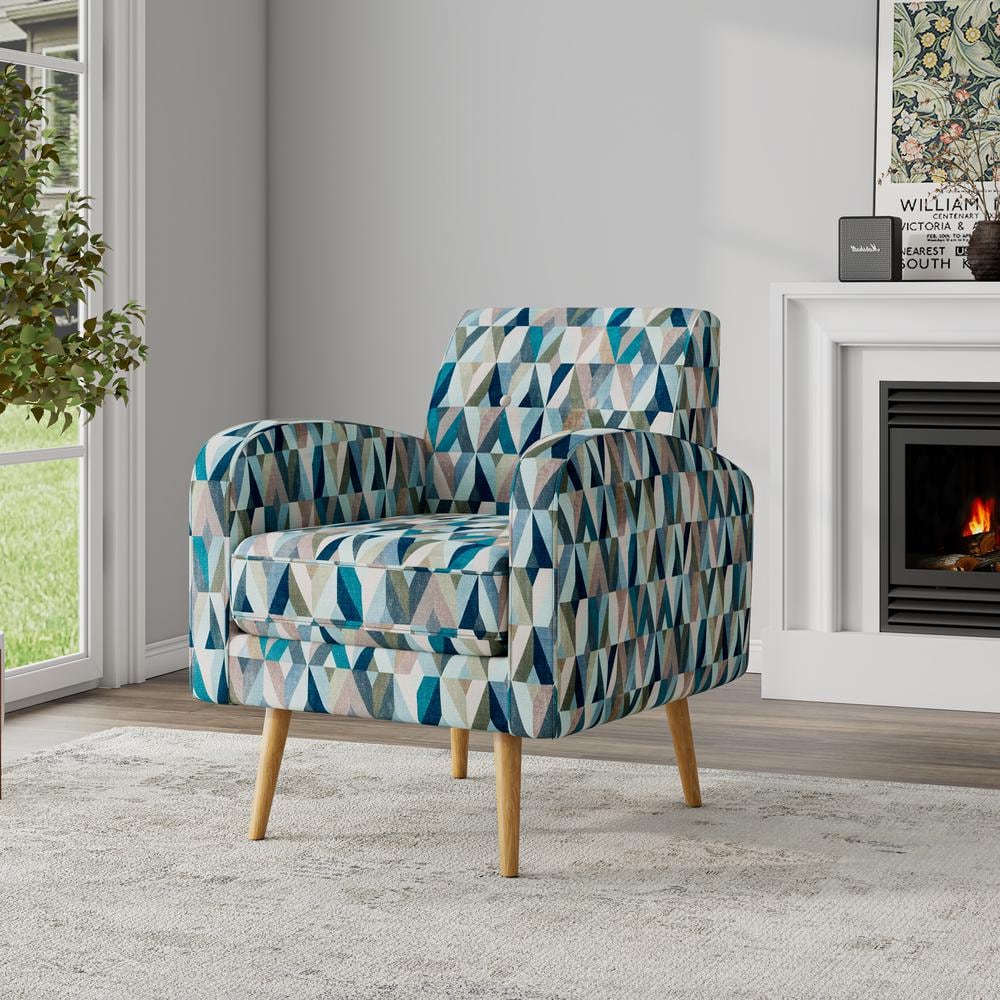 Mid-Century Modern Blue Geometric Barrel Accent Chair