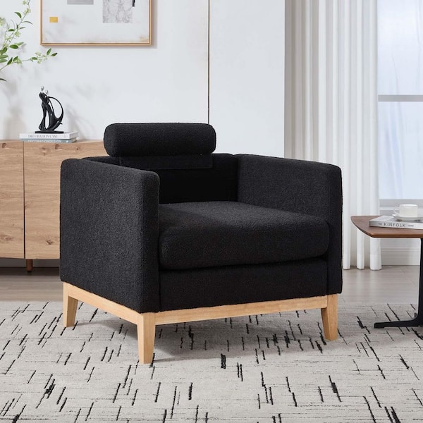 Unbranded Black Boucle Mid-Century Accent Chair Wood Base Reading Armchair Single Sofa Chair for Living Room Offices and Lounge