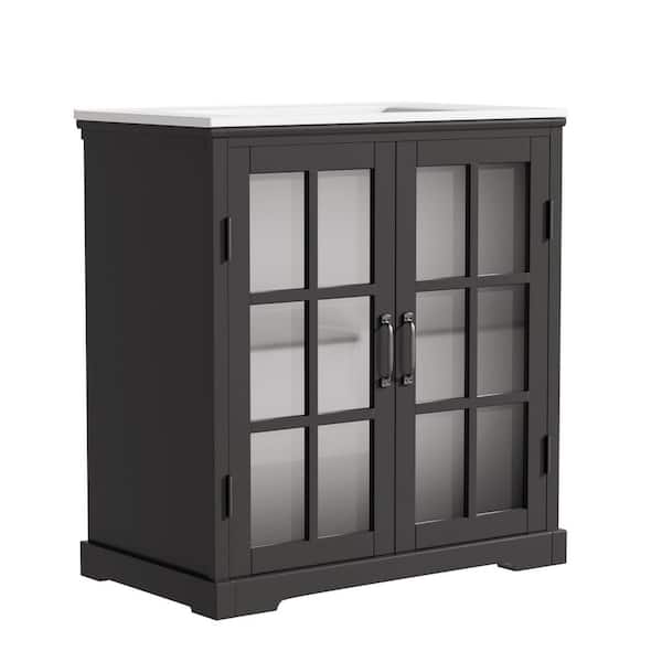 30 in. W Modern Rubber Wood Frame Bath Vanity in Matte Black with White Ceramic Top, Single Sink, 2-Doors