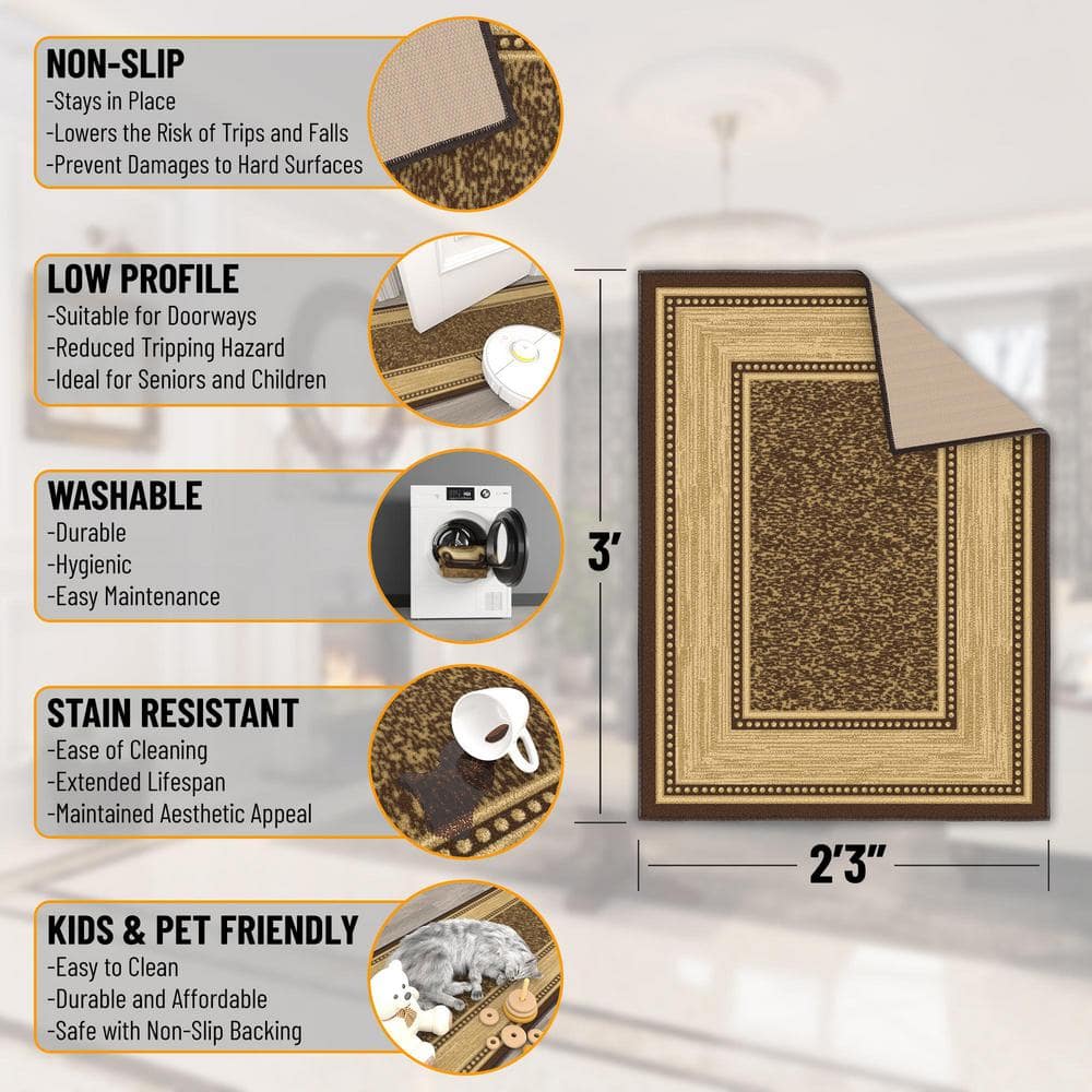Machine Washable Non-Slip Brown and Beige Synthetic Area Rug
