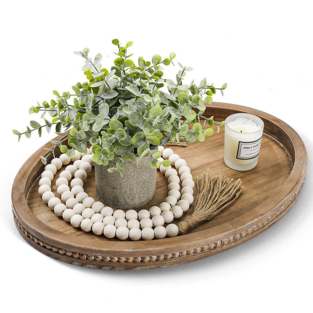 Brown Oval Rattan Tray, 16 x 11.8 in. with 58 in. Wood Bead