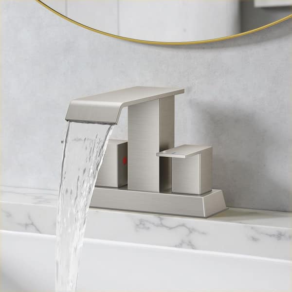 4 in. Centerset Double Handle Low Arc Bathroom Faucet with Drain Kit Included in Brushed Nickel