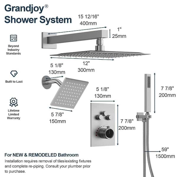 GRANDJOY Zenith Rain 8-Spray 12 and 6 in. Dual Wall Mount Shower