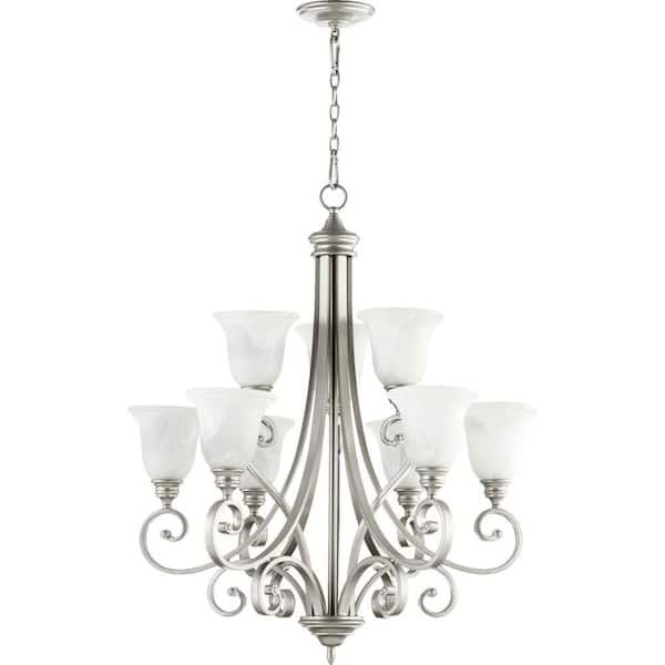 Quorum INTERNATIONAL Bryant 9-Light Classic Nickel Chandelier with Faux Alabaster Glass