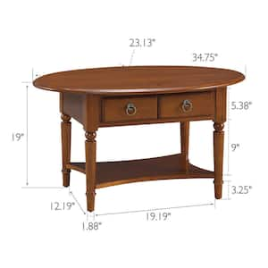 Coastal 34.75 in. Rich Pecan Brown Oval Solid Wood Coffee Table with 2-Drawers