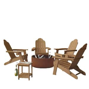 Brown Folding Outdoor Plastic Adirondack Chair with Cup Holder Weather Resistant Patio Fire Pit Chair Set of 4