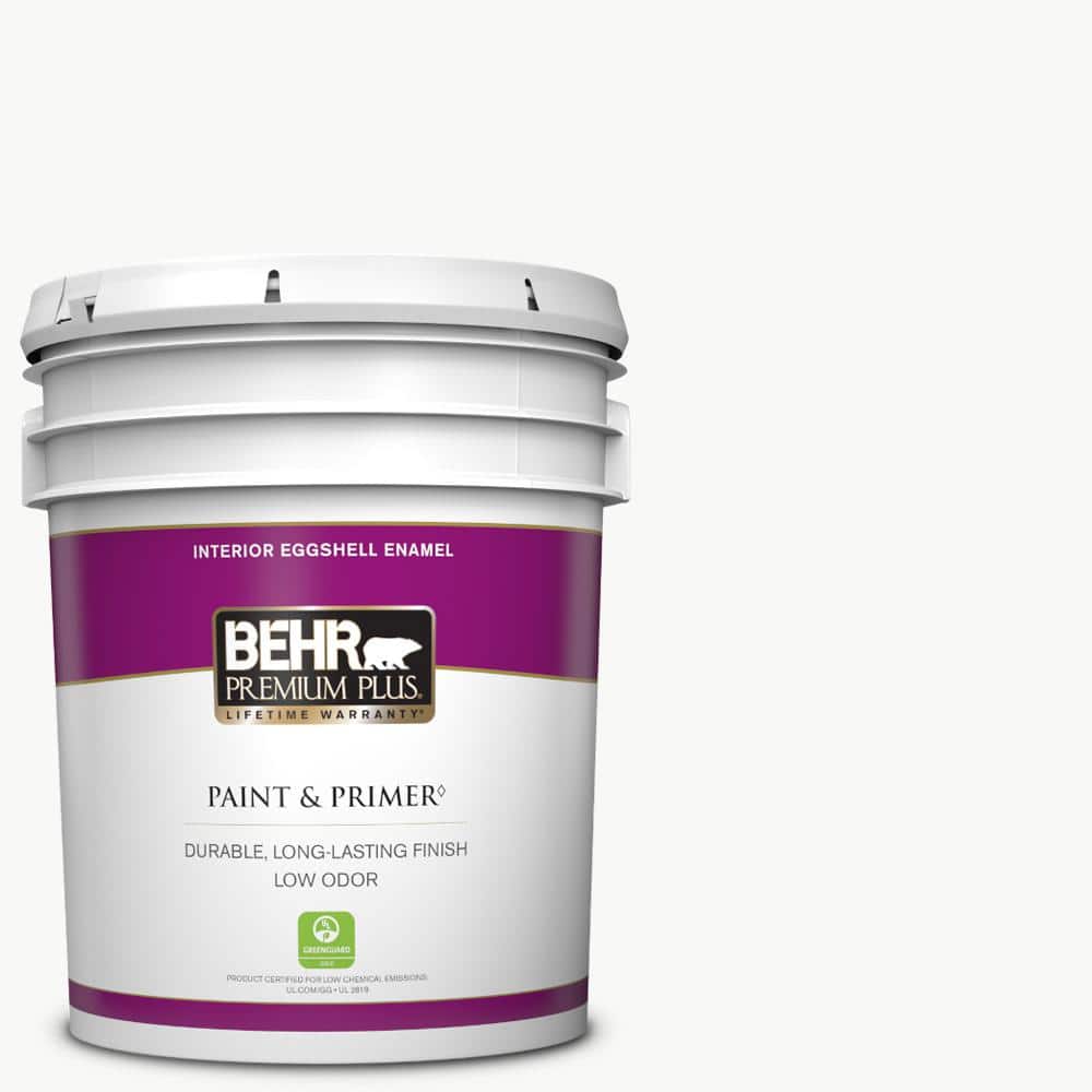 BEHR PREMIUM PLUS 5 gal. Ultra Pure White Eggshell Enamel Low Odor Interior  Paint & Primer 205005 - The Home Depot