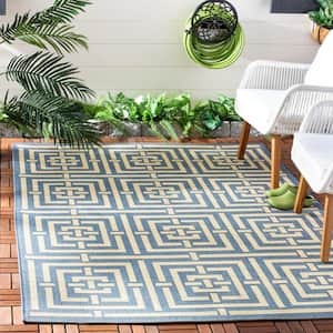 Courtyard Blue/Bone 7 ft. x 7 ft. Square Geometric Indoor/Outdoor Patio  Area Rug