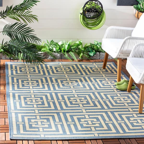 Courtyard Blue/Bone 9 ft. x 12 ft. Geometric Indoor/Outdoor Patio  Area Rug
