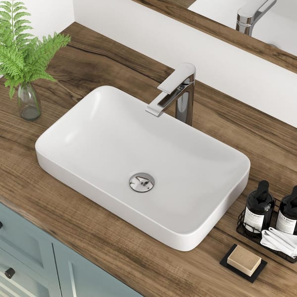 19 in. x 13 in. Rectangular Vessel Bathroom Sink in White Ceramic with Semi-Recessed Art Basin