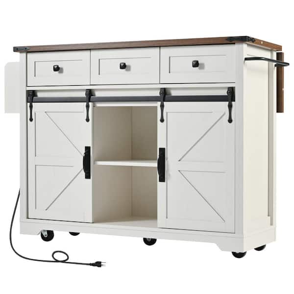 Sudzendf White Wood 53.75 in. Kitchen Island with Power Outlet, 2-Sliding Barn Door, Drop Leaf, Spice Rack