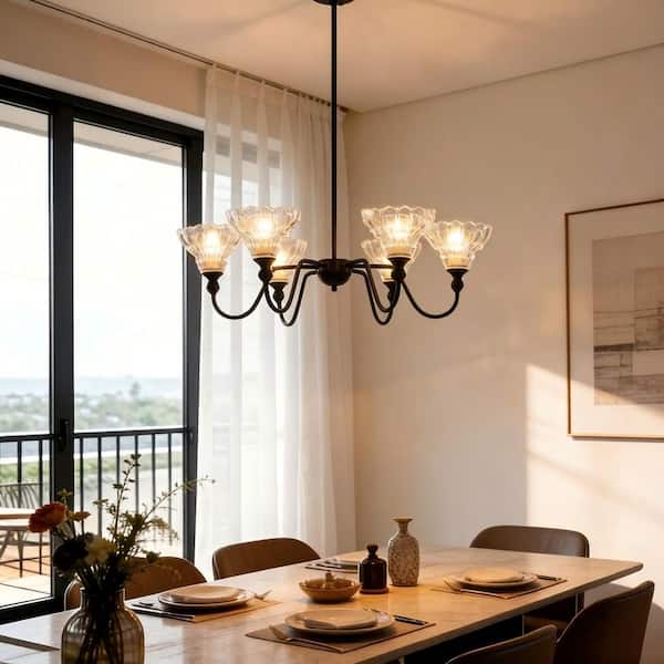6-Light Black Metal Chandelier with Scalloped Clear Glass Shades, Ceiling Light for Dining Room Living Room Foyer
