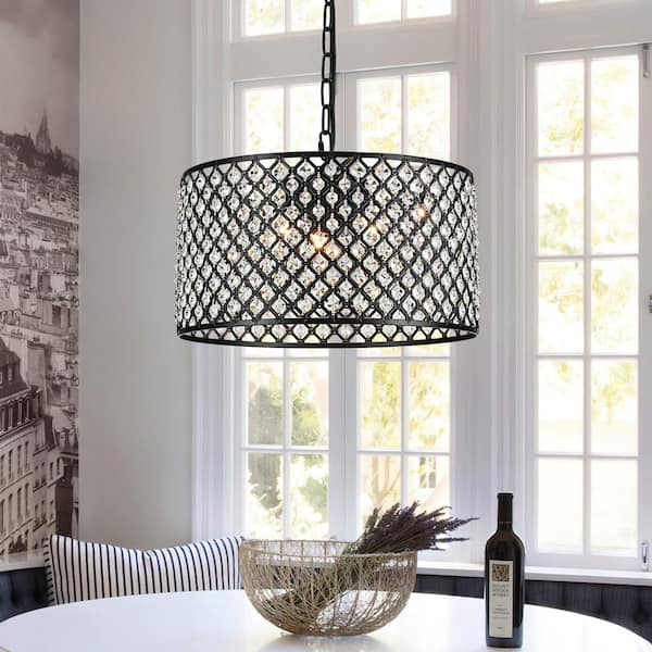 15.75 in. 3-Light Black Crystal Chandelier Drum Pendant Light