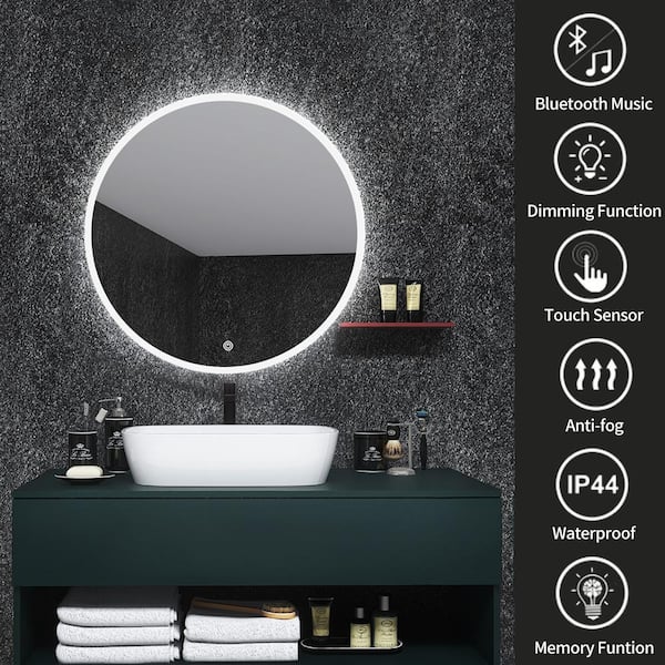 Kinwell 24 In W X H Frameless, 24 Round Lighted Mirror