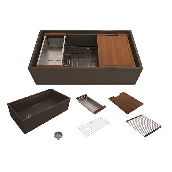 BOCCHI Step-Rim Matte Brown Fireclay 36 in. Single Bowl Farmhouse Apron Front Workstation Kitchen Sink with Accessories