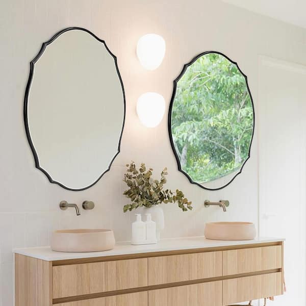 24 in. W x 35.8 in. H Black Wood Frame Irregular Decorative Wall Mirror/Bathroom Mirror