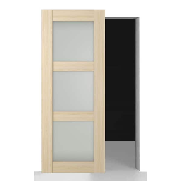Belldinni Vona 3Lite 32 in. x 96 in. Frosted Glass Loire Ash Wood w/o BaseBoard Hidden Sliding Barn Door with Hardware Kit