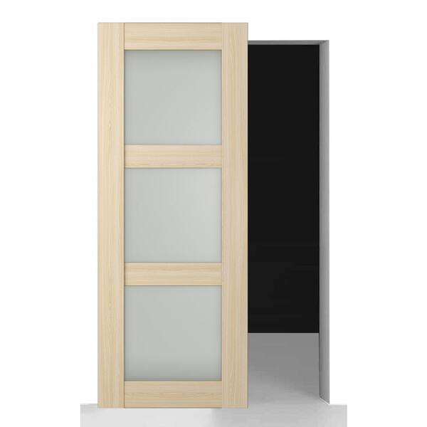 Belldinni Vona 3-Lite 30 in. x 80 in. Frosted Glass Loire Ash Wood w/o BaseBoard Hidden Sliding Barn Door with Hardware Kit