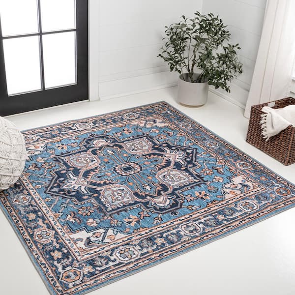 Cirali Ornate Blue/Beige 5 ft. Large Medallion Machine-Washable Square Area Rug