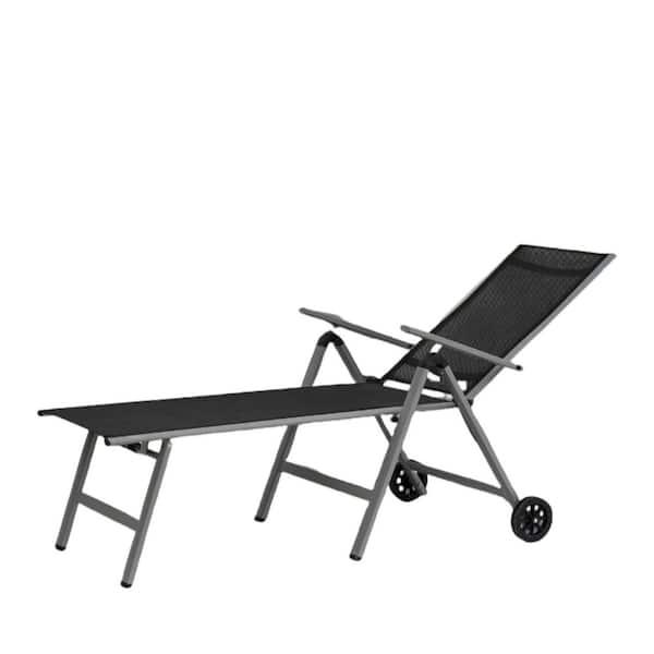 GWRGWR Outdoor Lounge Chair Aluminum Folding Recliner with 5-Position Backrest and 2-Wheels, Gray