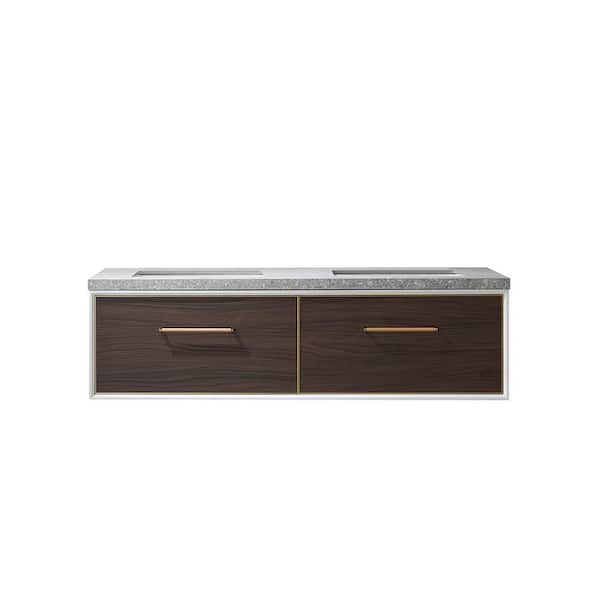 ROSWELL Capa 60 in. W x 22 in. D x 17.3 in. H Double Sink Bath Vanity in Dark Walnut with Grey Sintered Stone Top