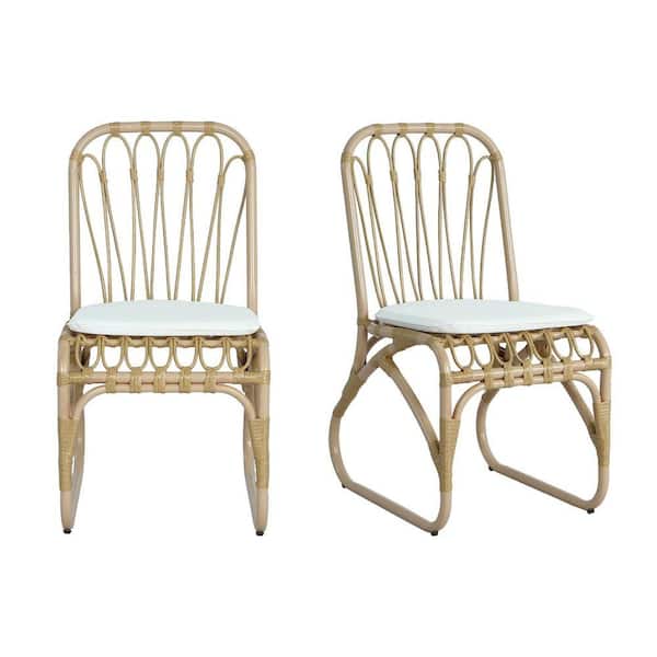 レモン Natural PE Wicker Outdoor Dining Chairs with Washable White
