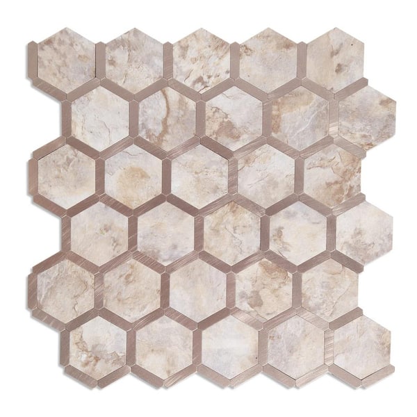 Yipscazo Hexagon Ecru with Gold 12 in. x 12 in. PVC Peel and Stick Backsplash Wall Tile (5 sq.ft./5-Sheets)