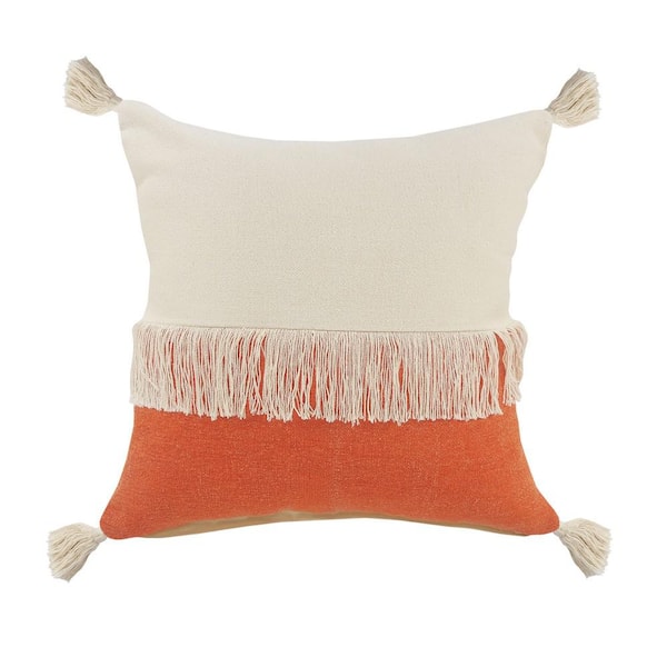 LR Home Festival Fringe Citrine Orange/Off-White Color Block Soft Poly-Fill 20 in. x 20 in. Throw Pillow