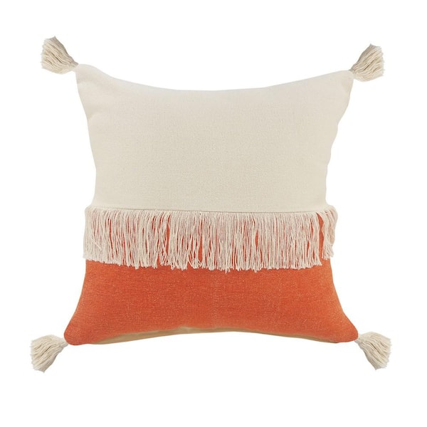 Unbranded Festival Fringe Citrine Orange/Off-White Color Block Soft Poly-Fill 20 in. x 20 in. Indoor Throw Pillow