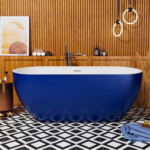 INSTER VALLEY 59 in. Acrylic Oval Bowl Shaped Freestanding Flatbottom Soaking Tub Non-Whirlpool Bathtub in Blue