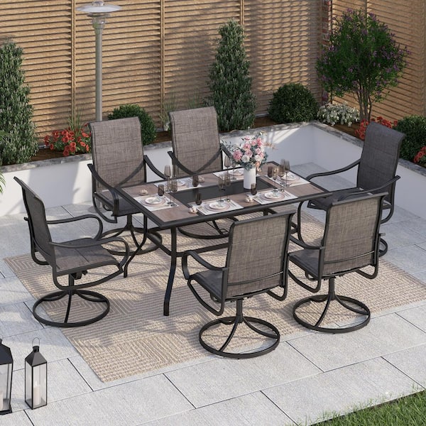 PHI VILLA Black 7-Piece Metal Outdoor Patio Dining Set with Geometric Rectangle Table and Padded Textilene Swivel Chairs