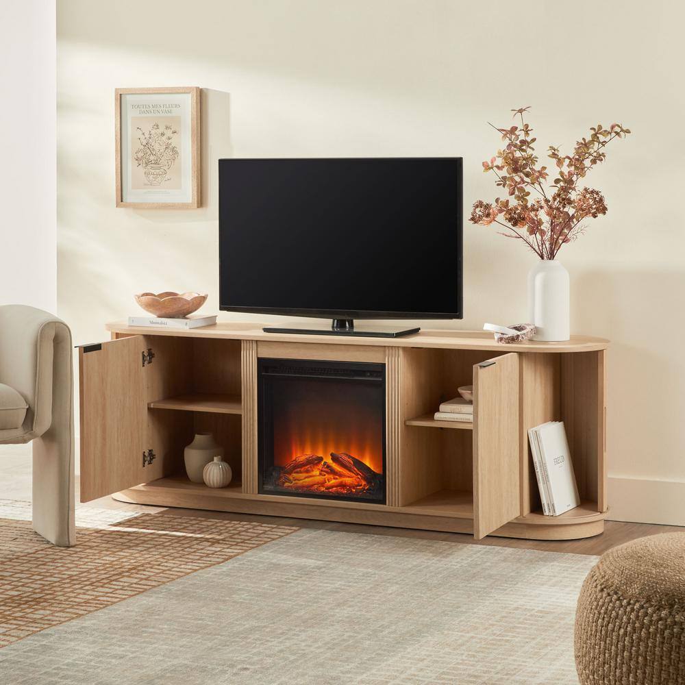Modern Coastal Oak 70" Fireplace TV Stand with Reeded Cabinet