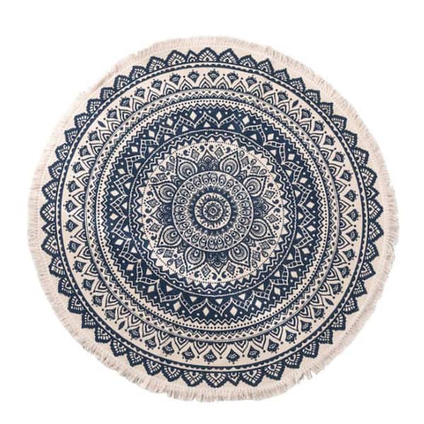 Latepis Mandala Navy Blue 3.3 ft. Round Boho Area Rug