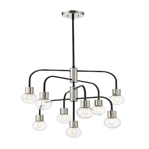 Neutra 9-Light Matte Black Plus Polished Nickel Chandelier with Glass Shade