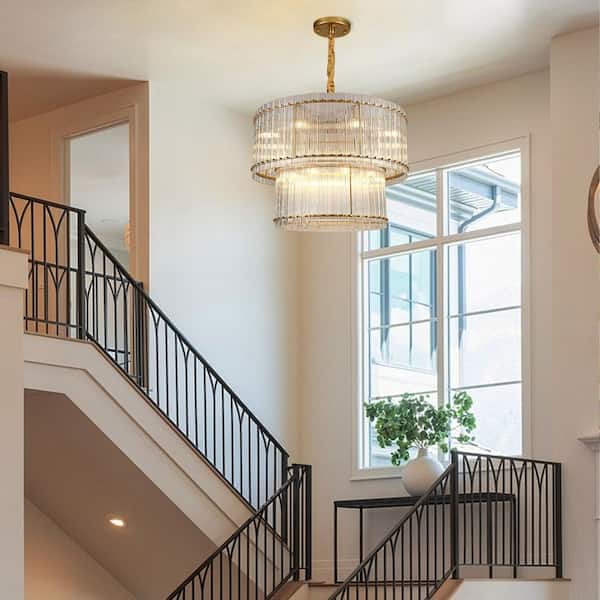 16 Light 37 in. Round Dimmable Tiered Gold Chandelier Crystal Accents for Kitchen Island, Living Room(Bulbs Included)